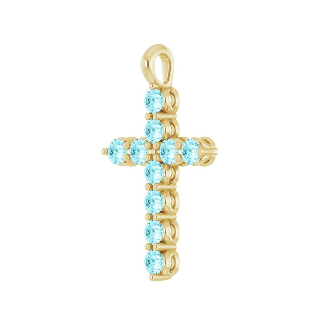 14K Gold Natural Blue Zircon Cross Pendant