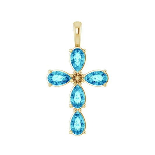 14K Gold Natural Blue Zircon Cross Pendant/Necklace