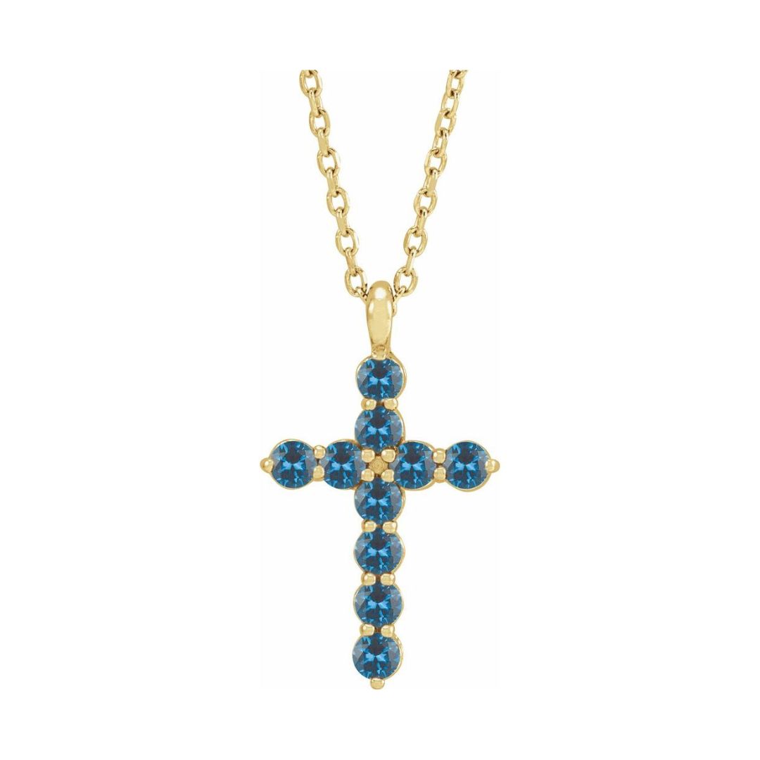14K Gold Natural Blue Zircon Cross Pendant
