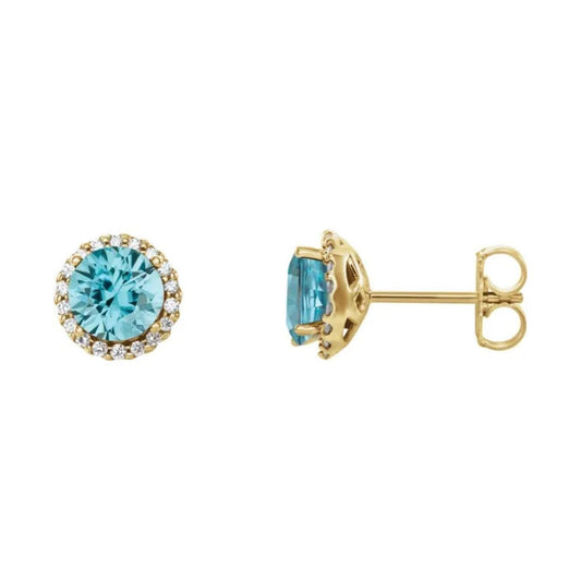 14K Gold Natural Blue Zircon and Diamond Earrings