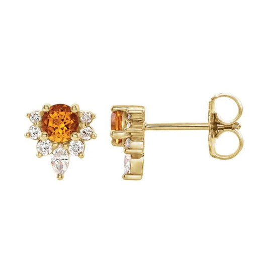 14K Gold Natural Citrine Diamond Earrings