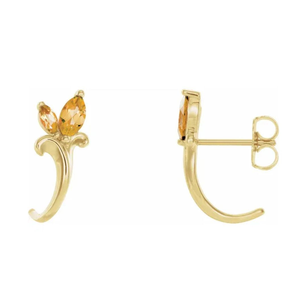 14K Gold Natural Citrine Floral J-Hoop Earrings