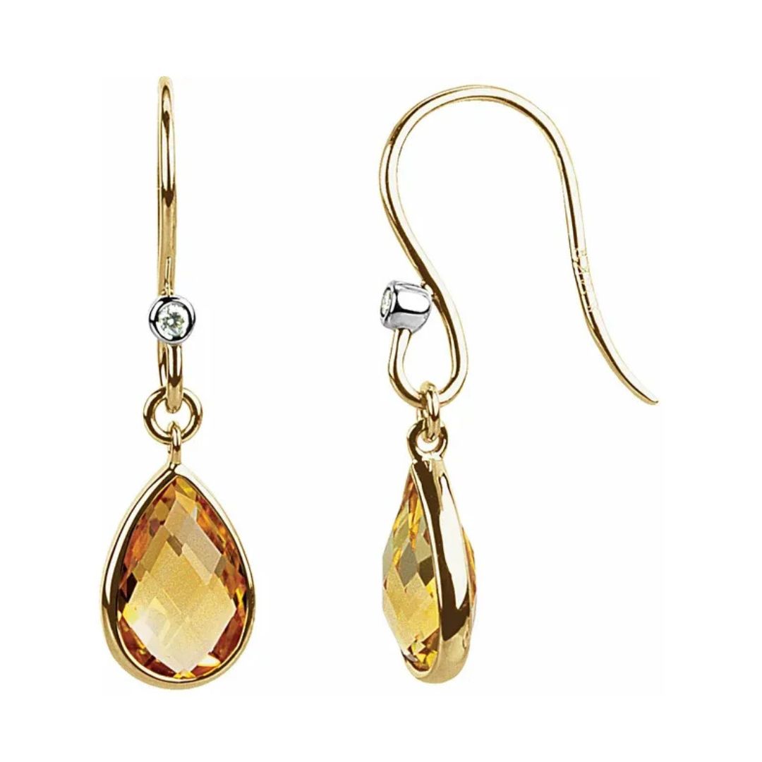 14K Gold Natural Citrine and Diamond Earrings