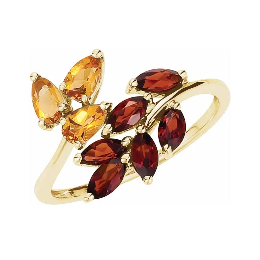 14K Gold Natural Citrine and Mozambique Garnet Bypass Ring