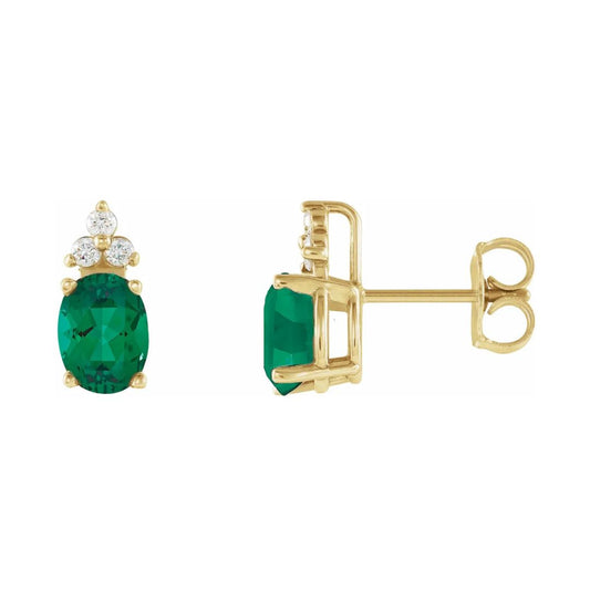 14K Gold Natural Emerald & Diamond Earrings