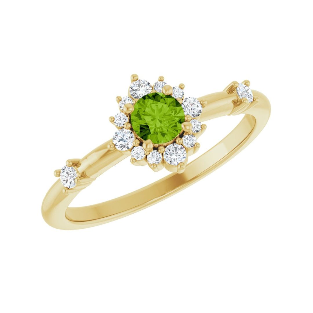14K Gold Natural Peridot Natural Diamond Halo-Style Ring