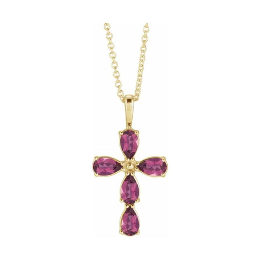 14K Gold Natural Pink Tourmaline Cross Necklace