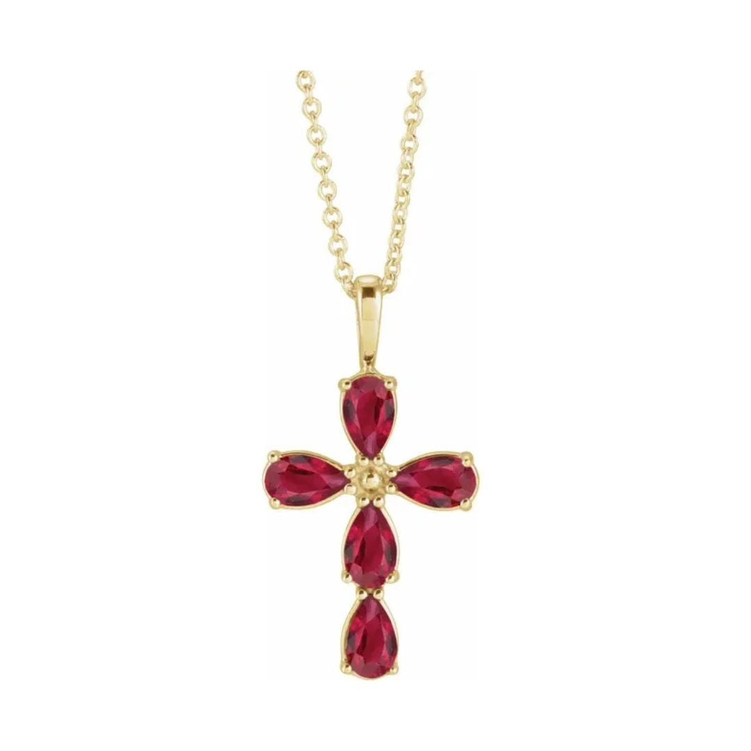 14K Gold Natural Ruby Cross Necklace