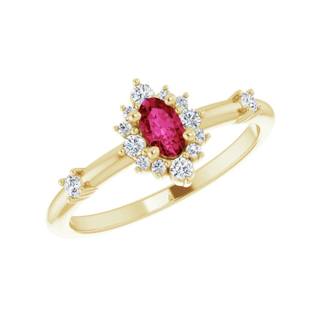 14K Gold Ruby Diamond Halo Ring