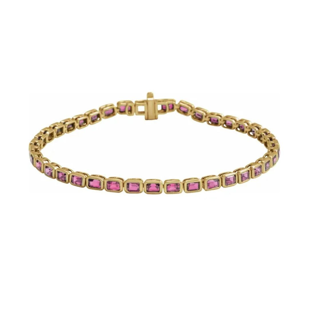 14K Solid Gold Natural Pink Tourmaline Box Clasp Line Bracelet