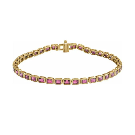 14K Solid Gold Natural Pink Tourmaline Box Clasp Line Bracelet