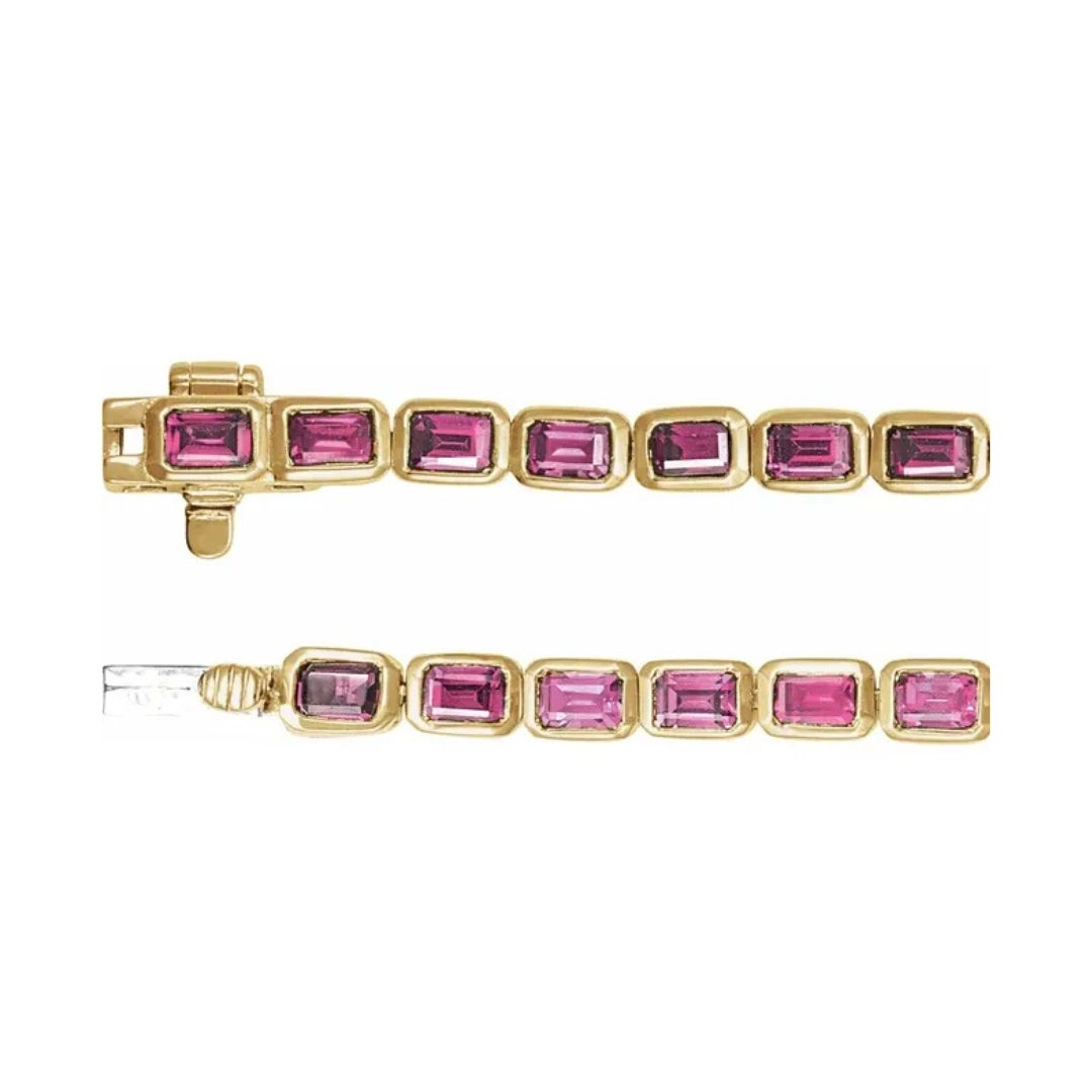 14K Solid Gold Natural Pink Tourmaline Box Clasp Line Bracelet
