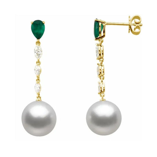 18K Gold Natural Emerald, Diamond and Pearl Earrings