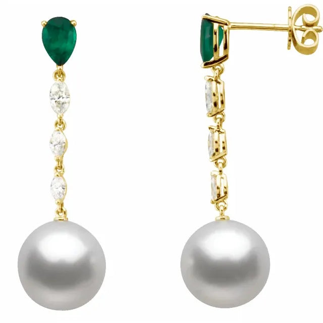 18K Gold Natural Emerald, Diamond and Pearl Earrings