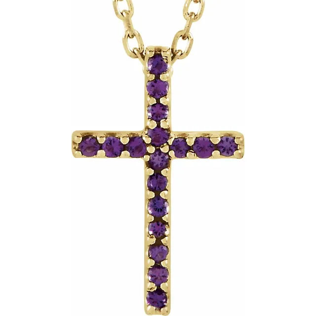 14K Gold Natural Amethyst Petite Cross Necklace/Pendant