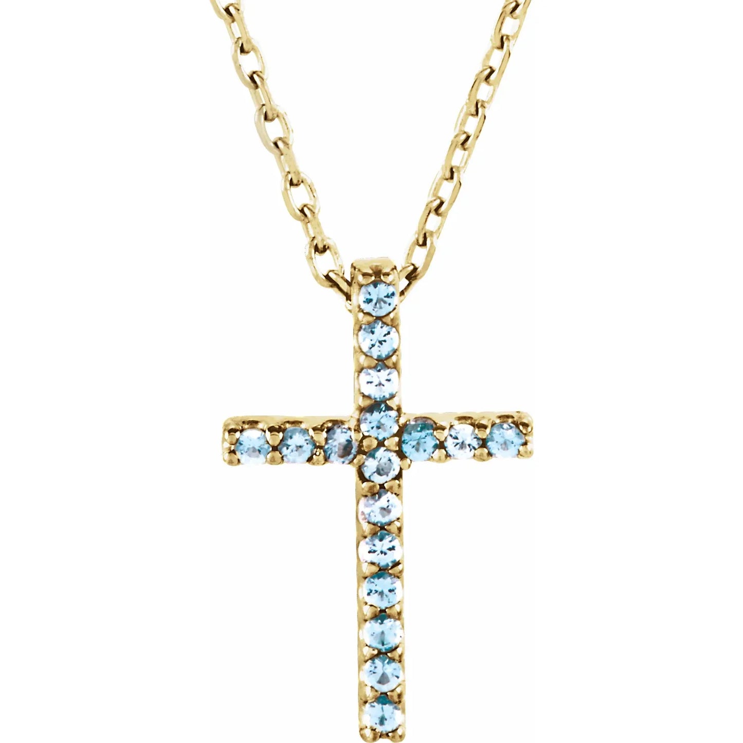 14K Gold Natural Aquamarine Petite Cross Necklace/Pendant