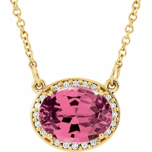 14K Gold Natural Pink Tourmaline Natural Diamond Necklace