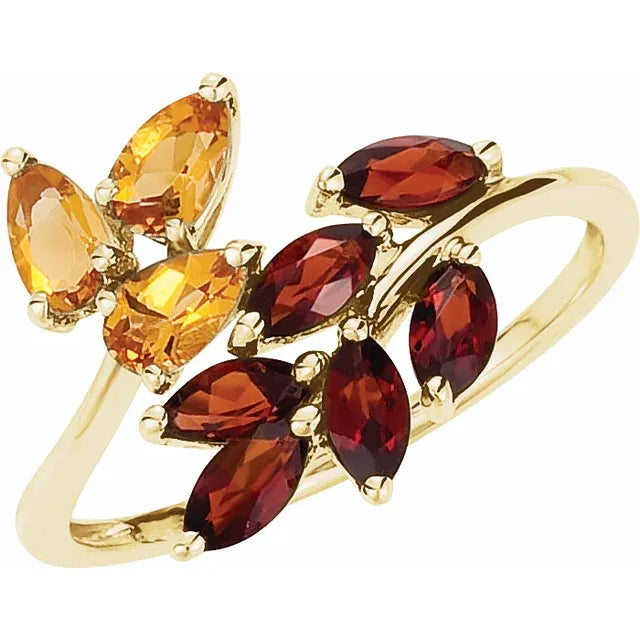 14K Gold Natural Citrine and Mozambique Garnet Bypass Ring