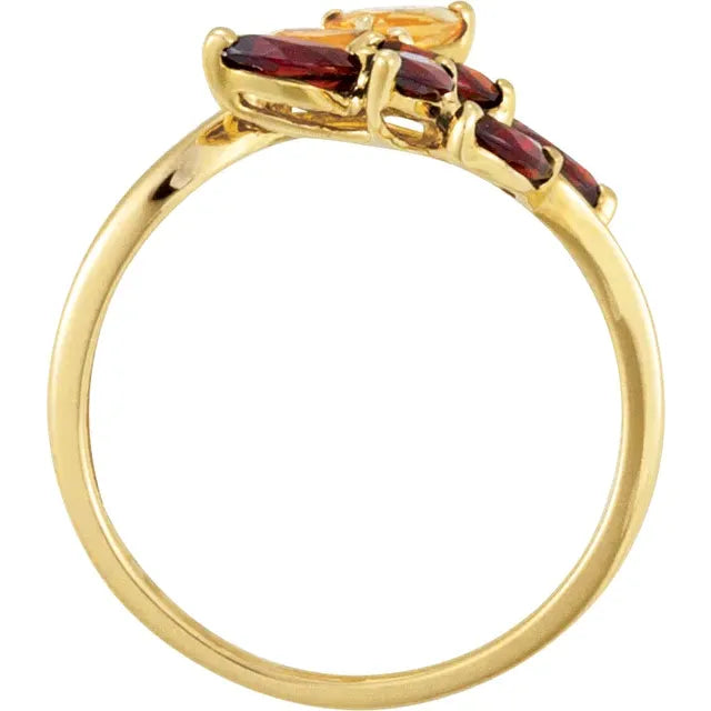 14K Gold Natural Citrine and Mozambique Garnet Bypass Ring