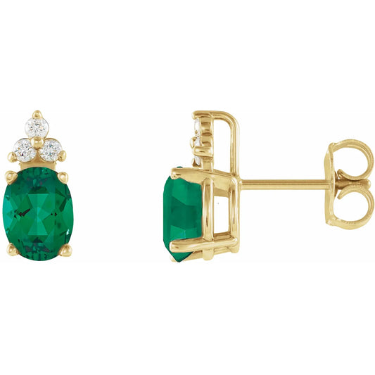 14K Gold Natural Emerald & Diamond Earrings