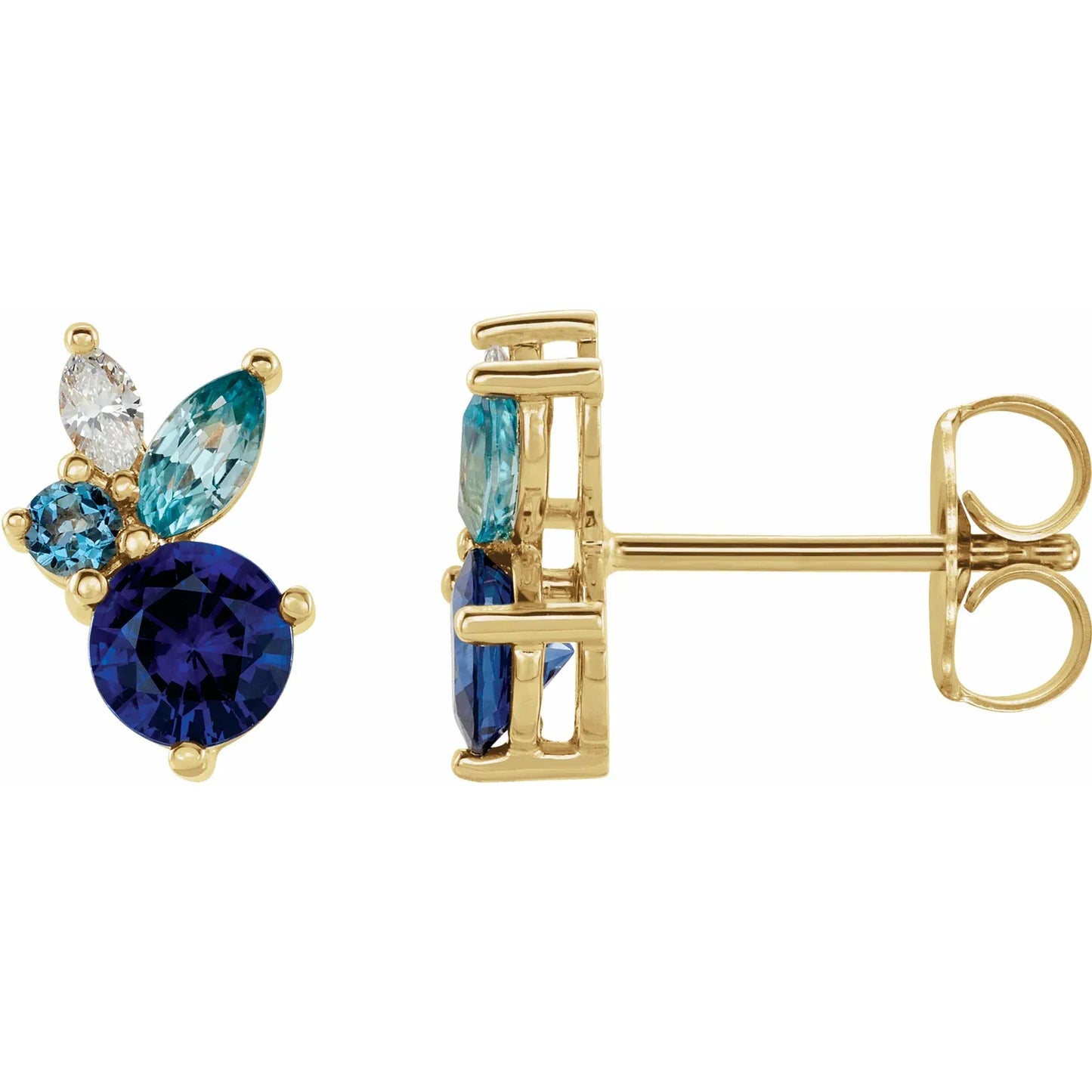 14K Gold Natural Blue Sapphire, Natural Aquamarine, Natural Blue Zircon & Natural Diamond Earrings