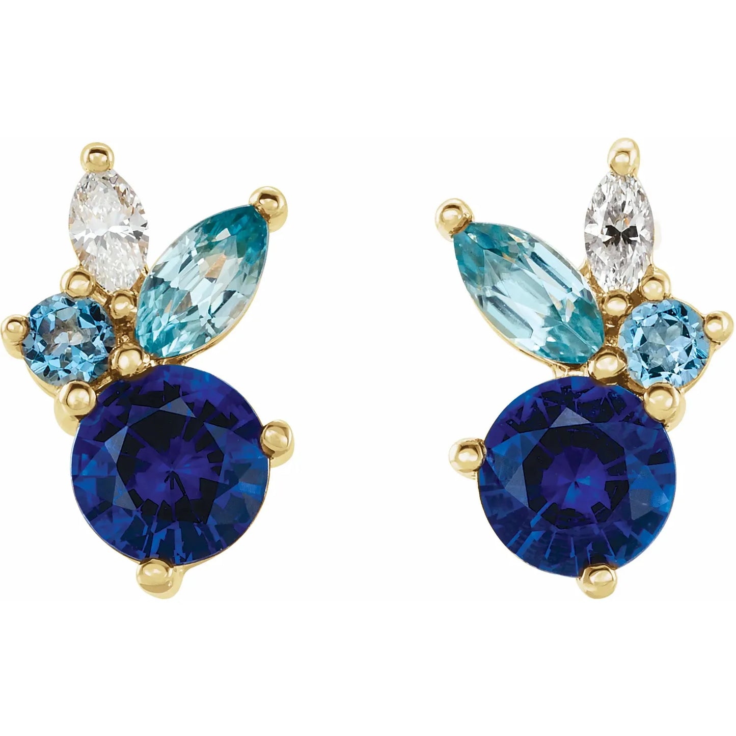 14K Gold Natural Blue Sapphire, Natural Aquamarine, Natural Blue Zircon & Natural Diamond Earrings