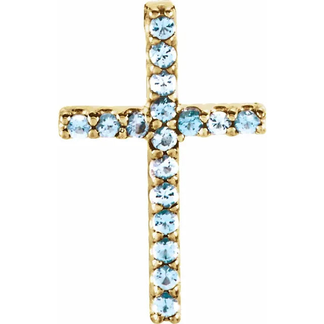 14K Gold Natural Aquamarine Petite Cross Necklace/Pendant