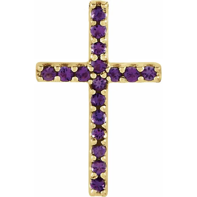 14K Gold Natural Amethyst Petite Cross Necklace/Pendant