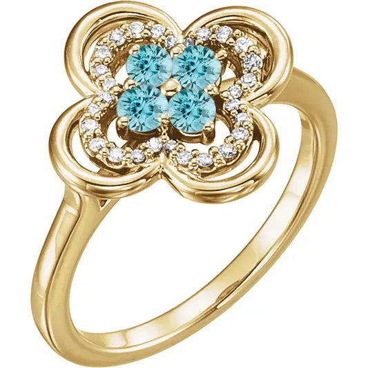 14K Gold Natural Blue Zircon and Diamond Ring