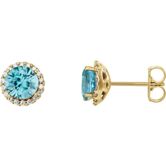 14K Gold Natural Blue Zircon and Diamond Earrings
