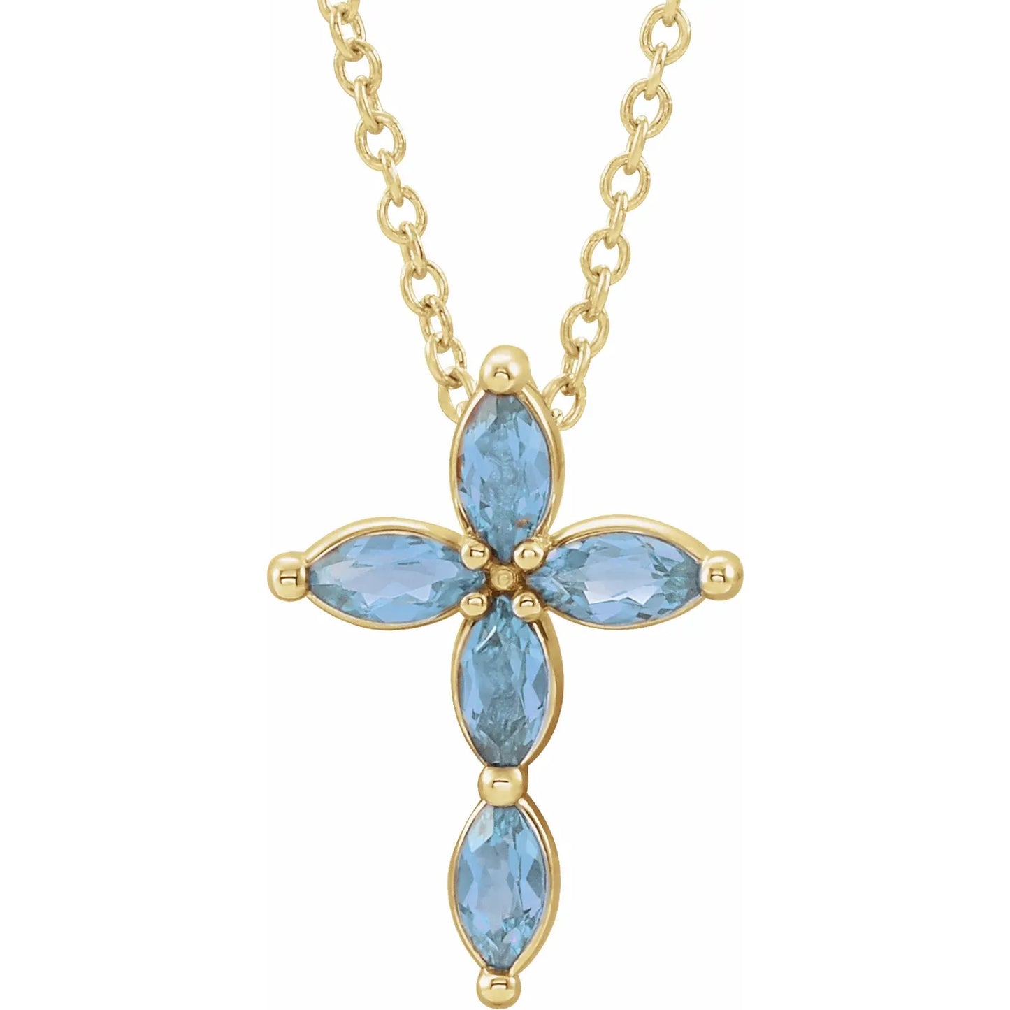 14K Gold Natural Aquamarine Cross Necklace/Pendant