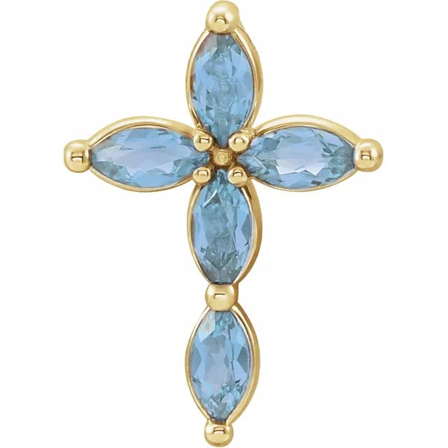 14K Gold Natural Aquamarine Cross Necklace/Pendant