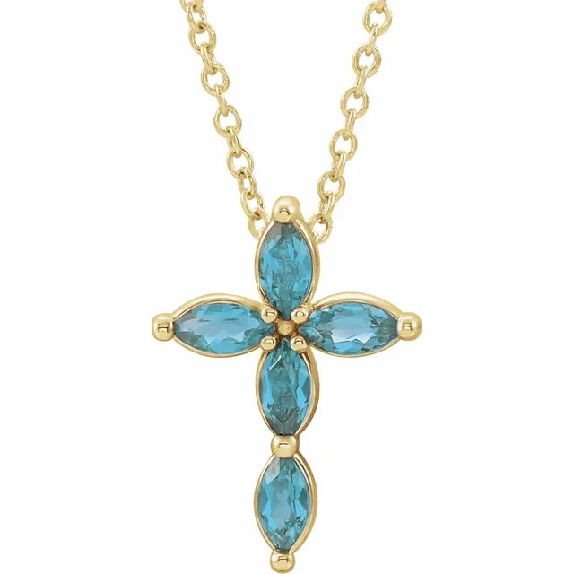 14K Gold Natural Blue Zircon Cross Necklace/Pendant