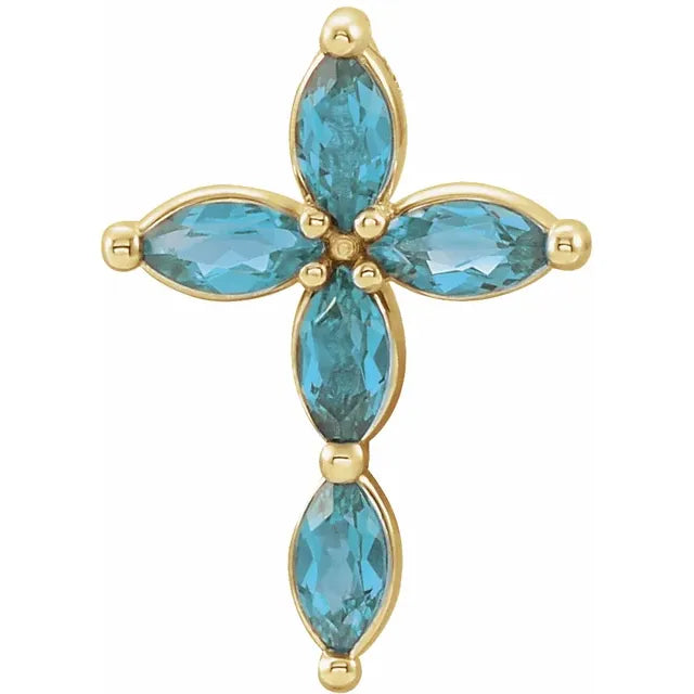 14K Gold Natural Blue Zircon Cross Necklace/Pendant