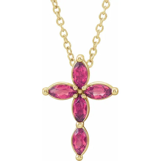 14K Gold Natural Pink Tourmaline Cross Necklace Bestseller