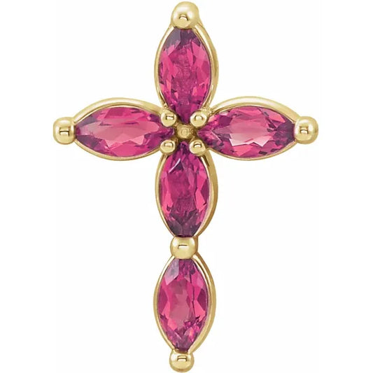 14K Gold Natural Pink Tourmaline Cross Necklace/Pendant
