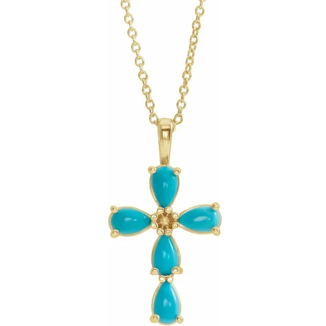 14K Gold Natural Turquoise Cross Necklace