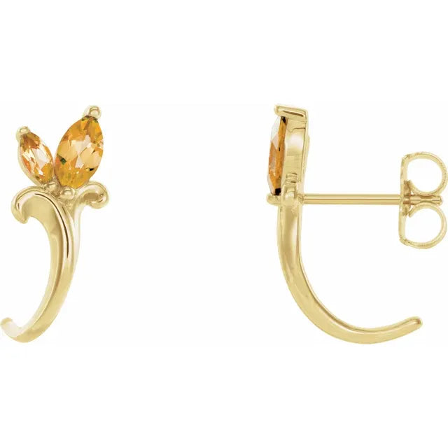 14K Gold Natural Citrine Floral J-Hoop Earrings