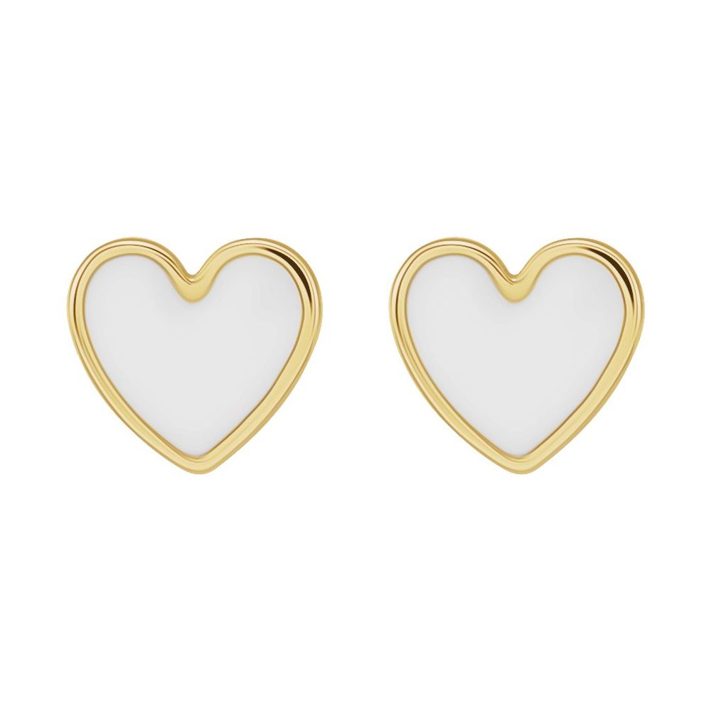 14K Yellow Gold White Enamel Heart Shaped Earrings