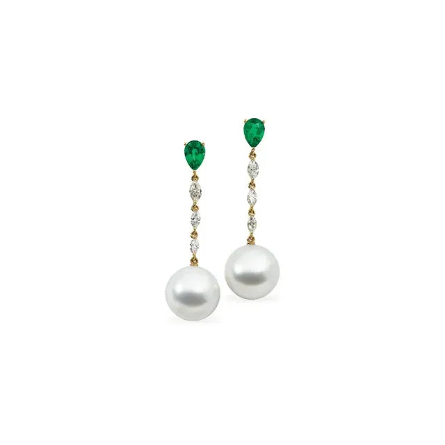 18K Gold Natural Emerald, Diamond and Pearl Earrings