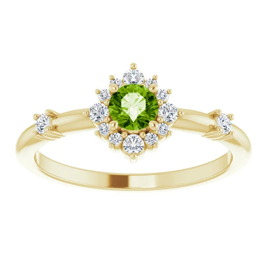 14K Gold Natural Peridot Natural Diamond Halo-Style Ring