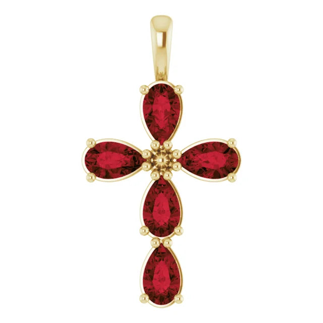 14K Gold Natural Mozambique Garnet Cross Necklace