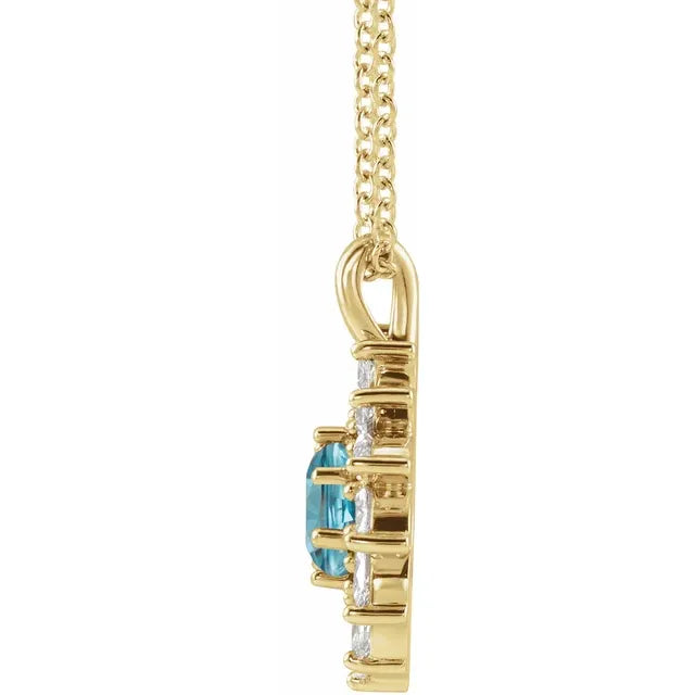14K Gold Natural Blue Zircon and Diamond Halo-Style Pendant/Necklace