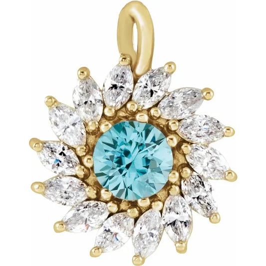 14K Gold Natural Blue Zircon and Diamond Halo-Style Pendant/Necklace