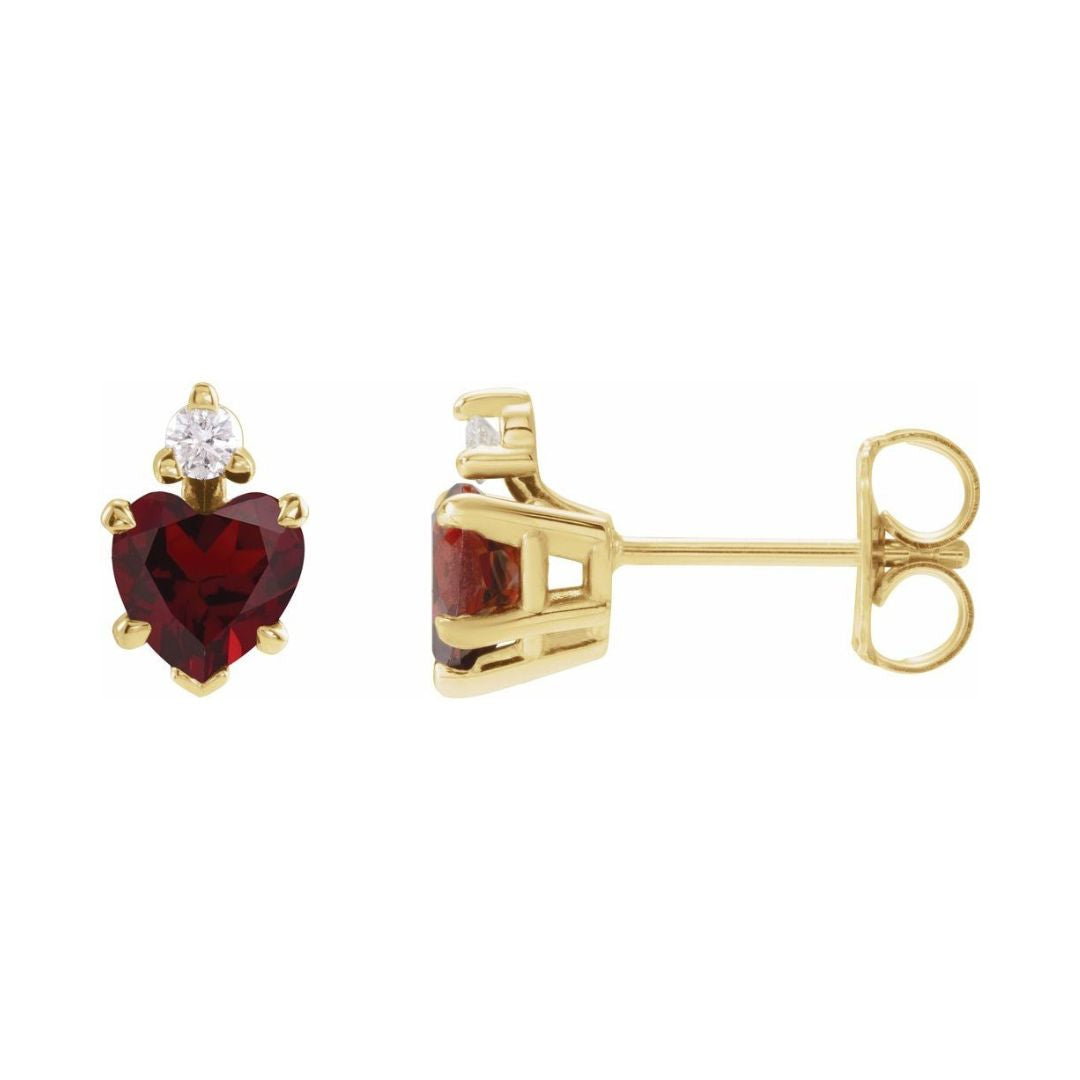 14K Yellow Gold Heart Shaped Natural Mozambique Garnet & .06 Natural Diamond Stud Earrings