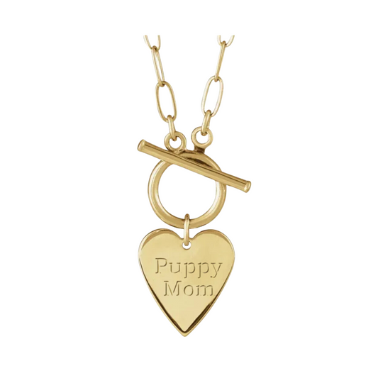14K Gold Engravable 'Puppy Mom' Heart Toggle Necklace