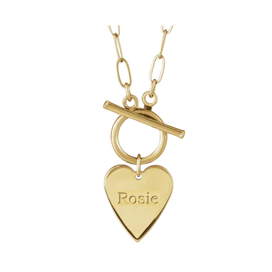 14K Solid Gold Heart with Engraving: 'Rosie' Toggle Necklace