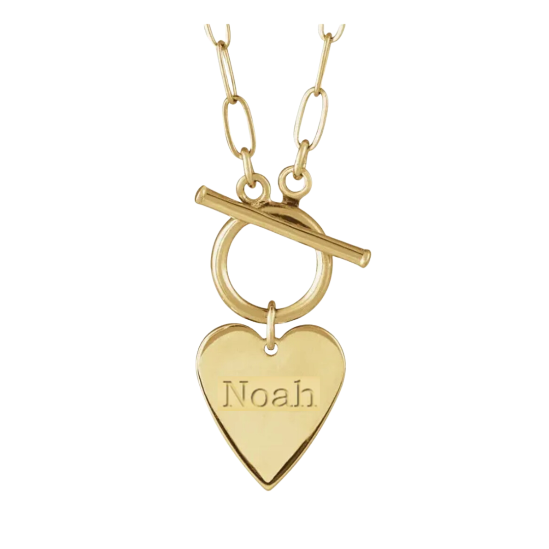 14K Solid Gold Heart with Engraving: 'Noah' Toggle Necklace