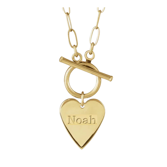 14K Solid Gold Heart with Engraving: 'Noah' Toggle Necklace