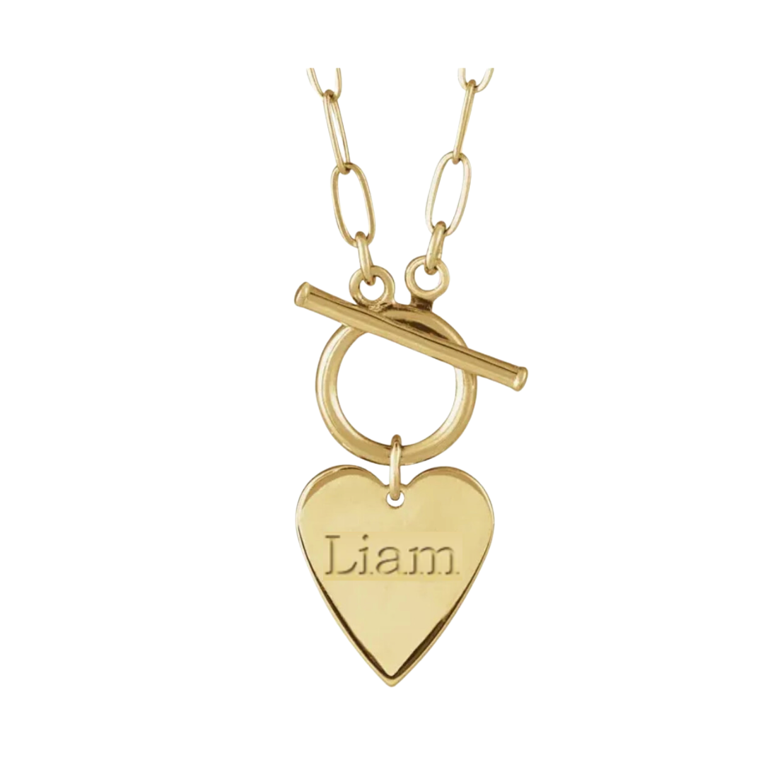 14K Solid Gold Heart with Engraving: 'Liam' Toggle Necklace